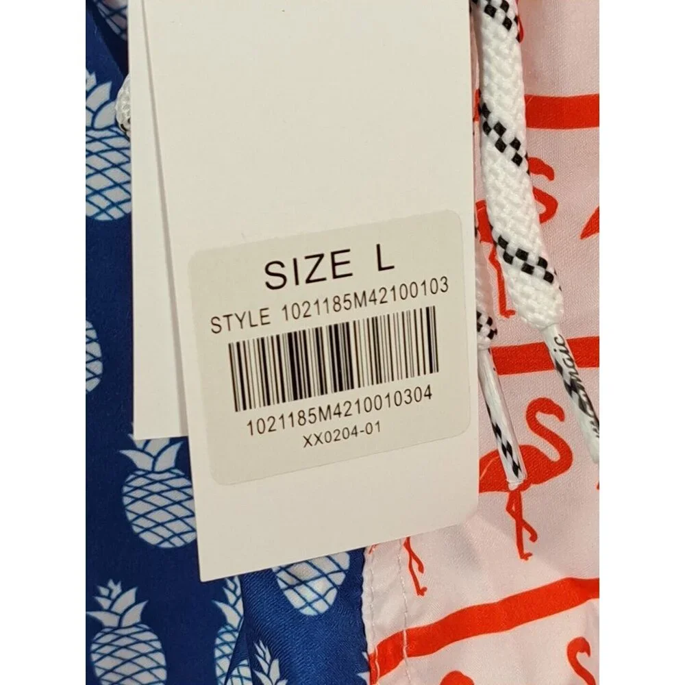 NWT Maamgic Swim Trunks Pineapple Flamingo Shorts Mesh Mens Size Large Blue Pink